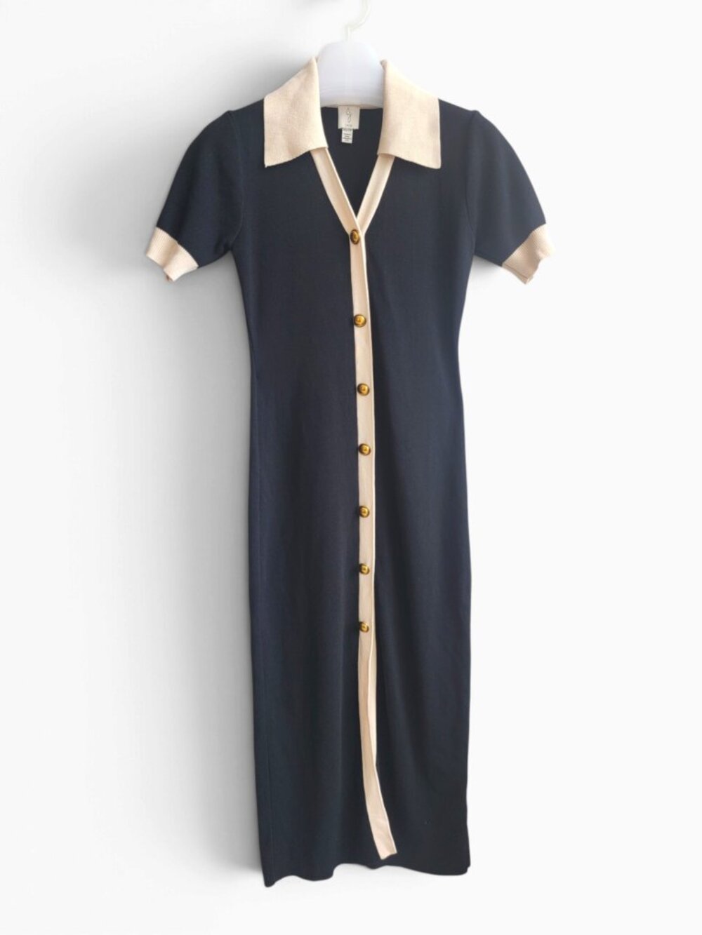 Joie XS Black Cream Contrast Knit Midi Dress Collared Gold Button Quiet Luxury